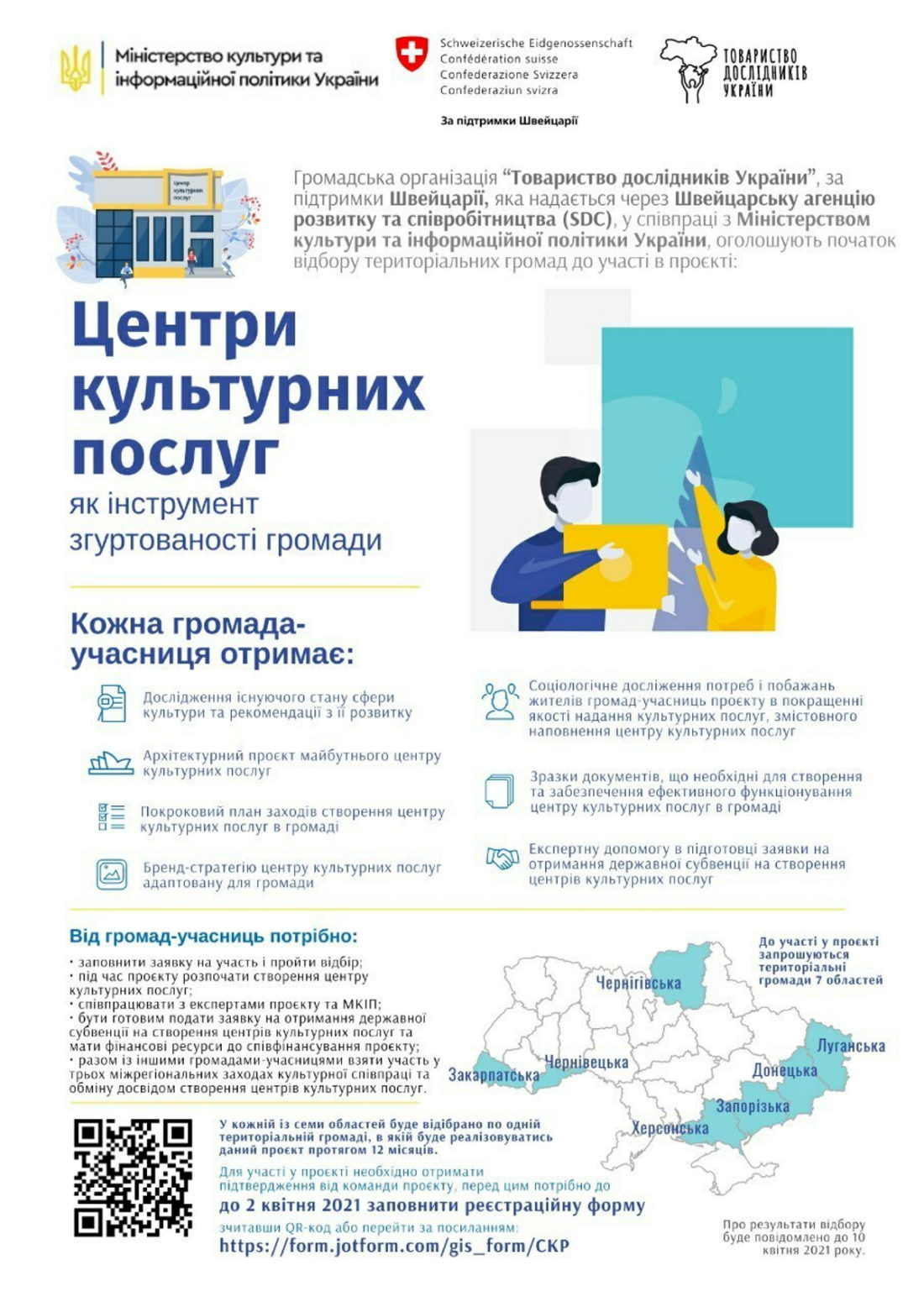 Інфографіка Товариства дослідників України, яка розповідає про проєкт підтримки культурних центрів