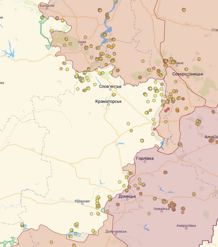 Частина мапи Донецької та Луганської областей із захопленими містами, що захопив окупант